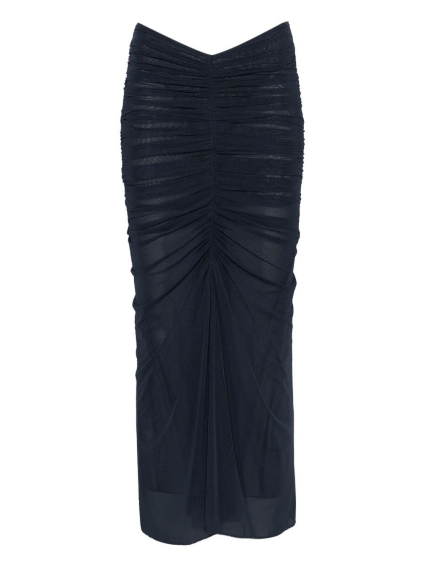 Mugler Ink Blue Ruched Mesh Midi Skirt