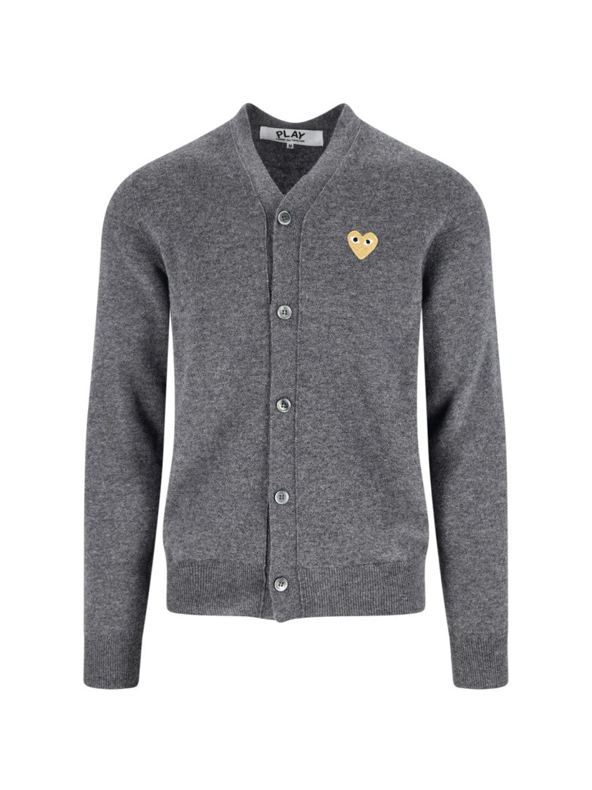 Comme Des Garçons V-Neck Grey Wool Cardigan With Contrasting Logo