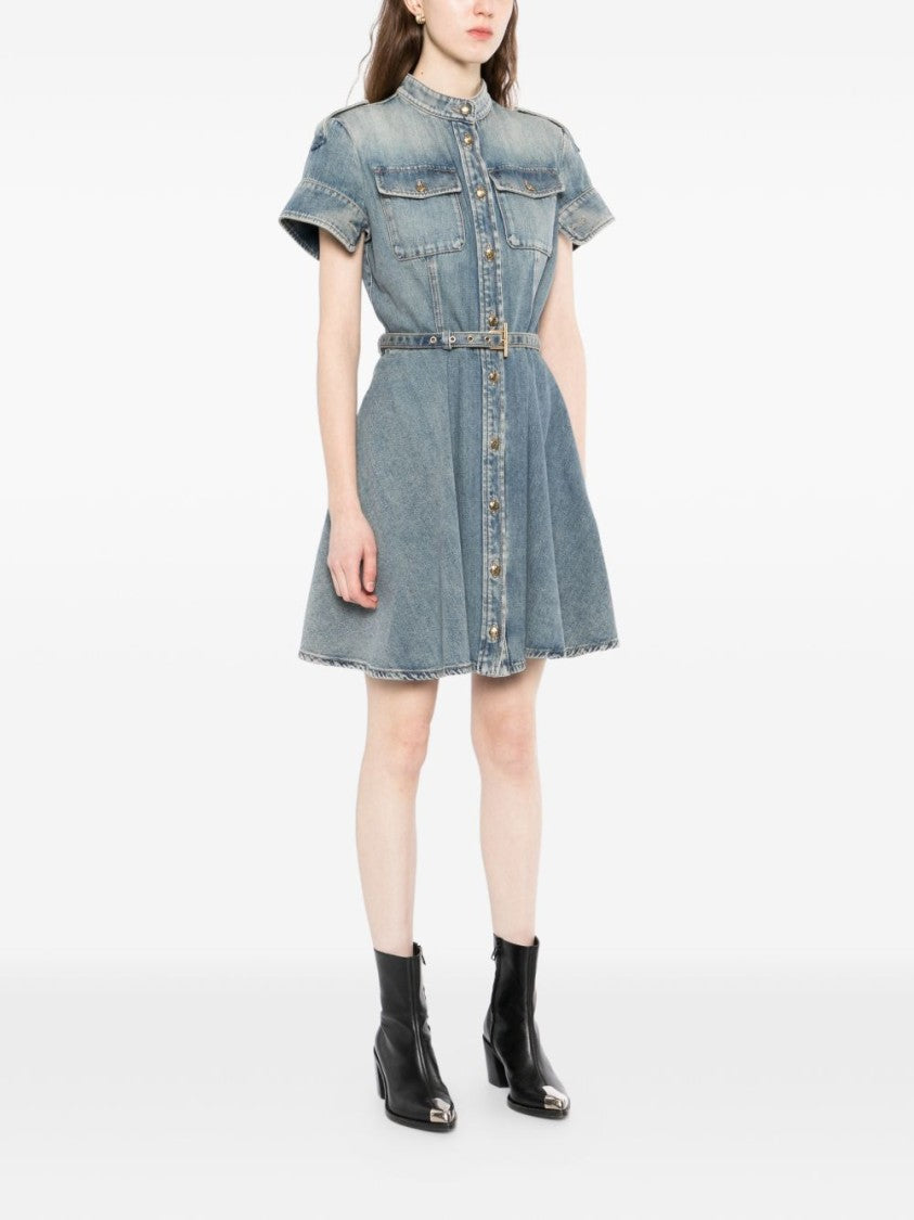 Alexander Mcqueen Faded Denim Mini Dress With Gold-Tone Accents