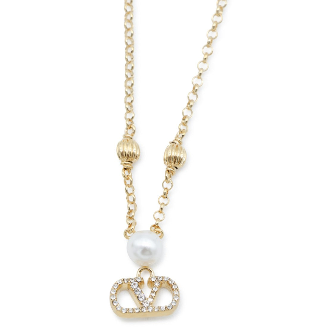Valentino Garavani Gold Pearl Logo Pendant Metal Necklace