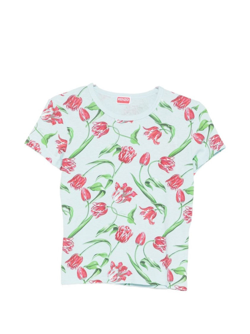 Kenzo Light Blue Floral Print Crew Neck Top