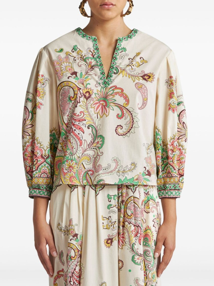 Etro Beige V-Neck Top With Paisley Print