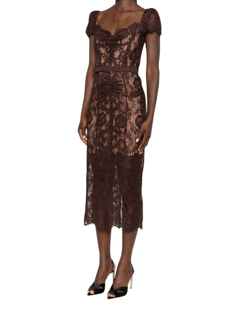 Self-Portrait Brown Lace Scalloped-Hem Midi Dress