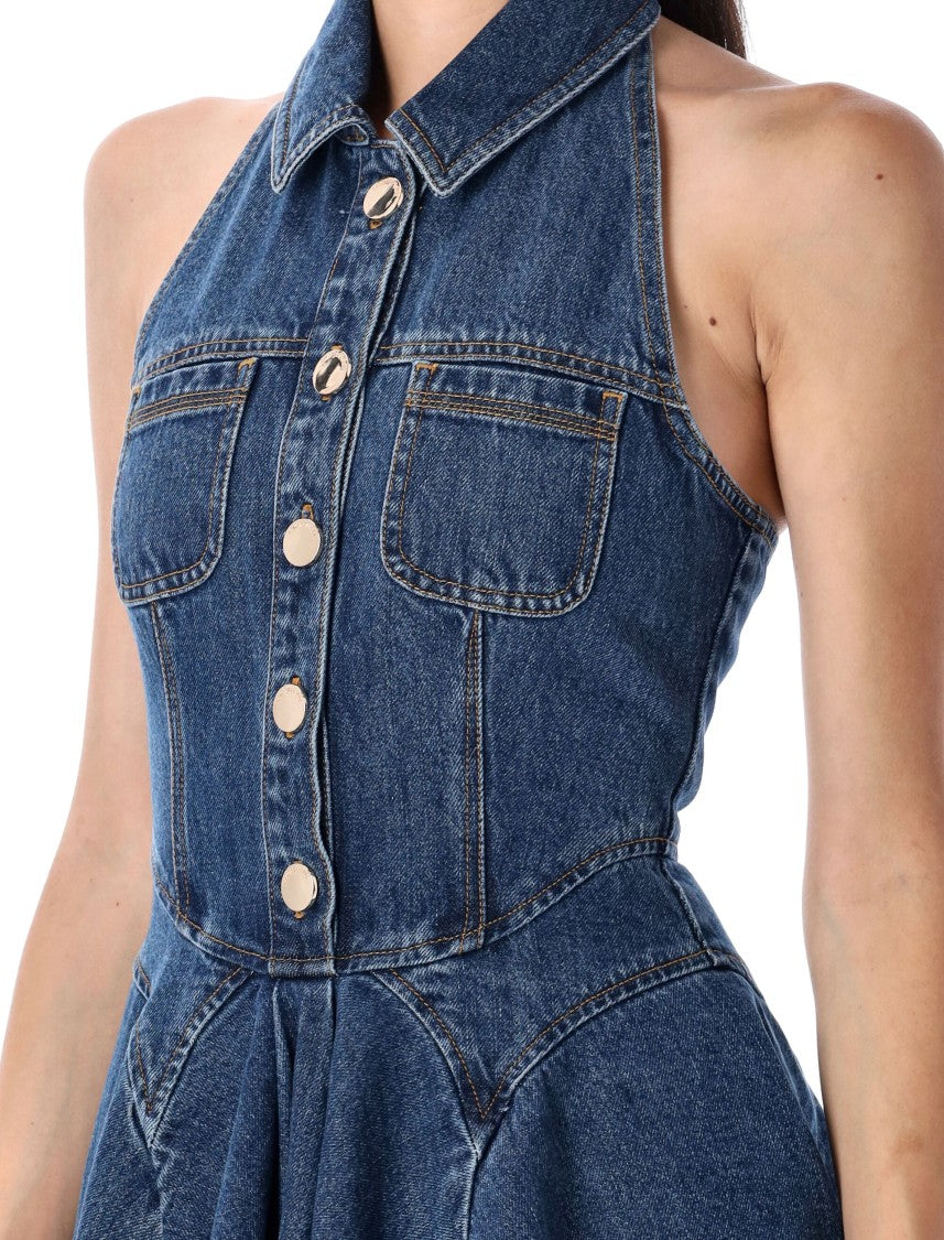 Self-Portrait Denim Sleeveless Flared Mini Dress
