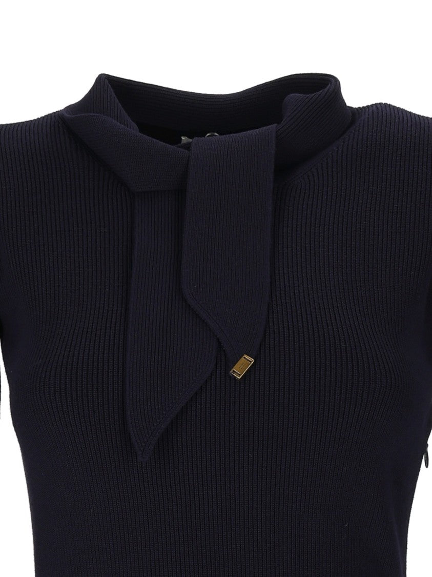 Elisabetta Franchi Fitted Ribbed Knit Mini Dress With Nektie Detail