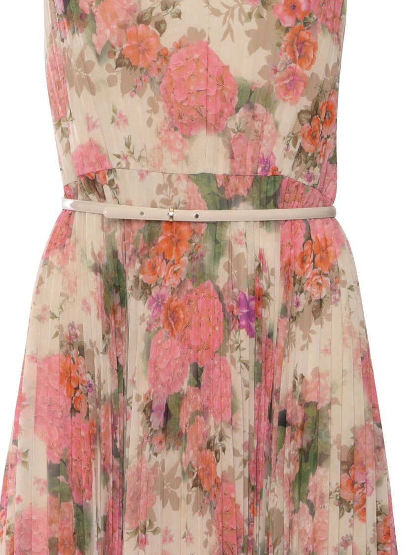 Max Mara Floral Midi Dress With V-Neckline And Pleated Skirt