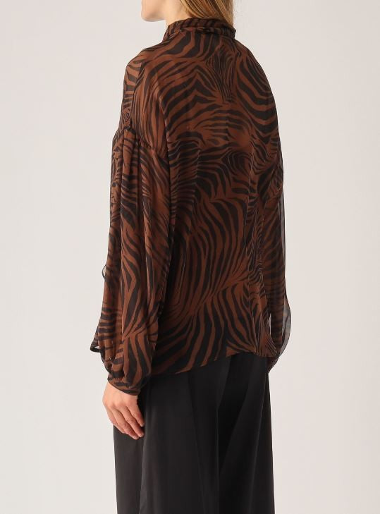 Max Mara Animal Print Canvas Blouse With Lace-Up Collar And Puff Sleeves