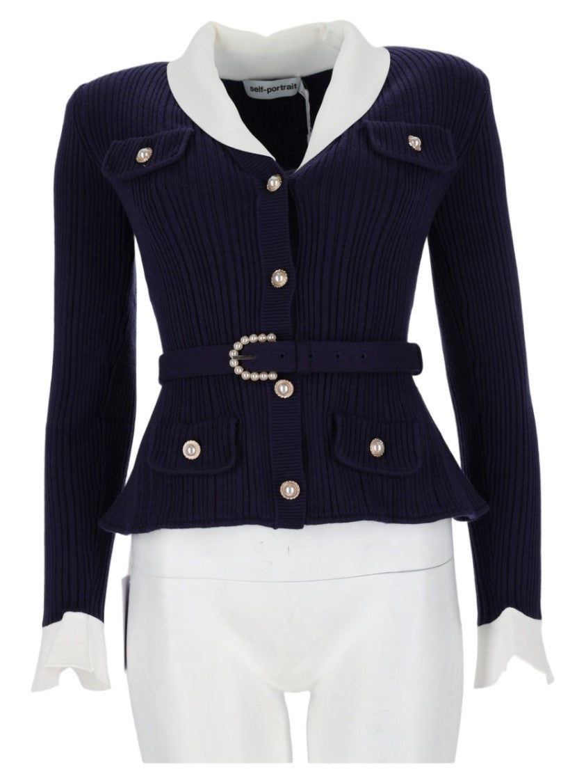 Self-Portrait Ribbed Knit Sweater With Peplum Hem And Pearl Embellishments