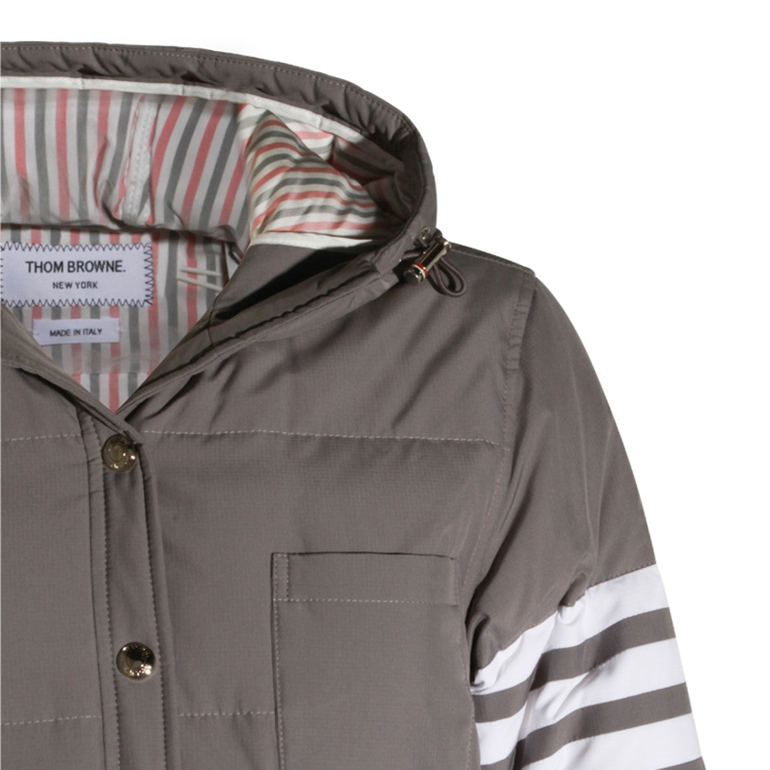 Thom Browne Quilted Grey Down Jacket With Iconic Sleeve Stripes