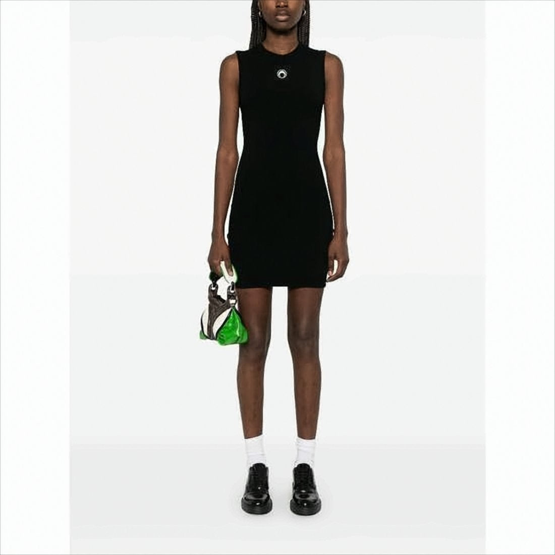 Marine Serre Fitted Black Mini Dress With Circular Emblem