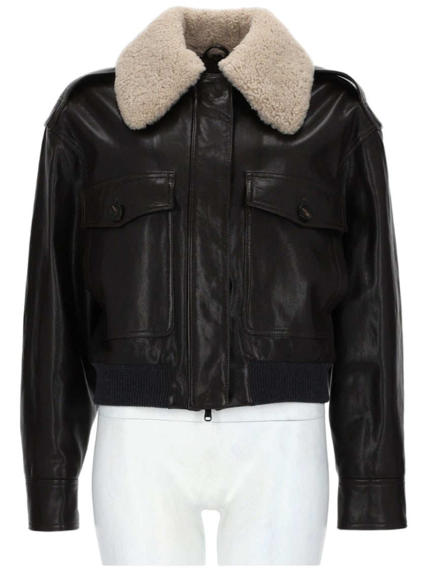 Brunello Cucinelli Cropped Black Nappa Leather Jacket With Shearling Collar
