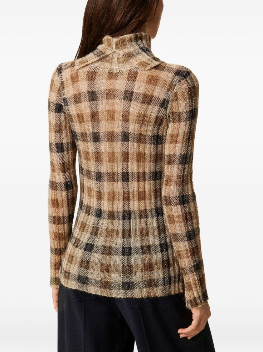 Twin-Set Camel And Black Plaid Knit Sweater