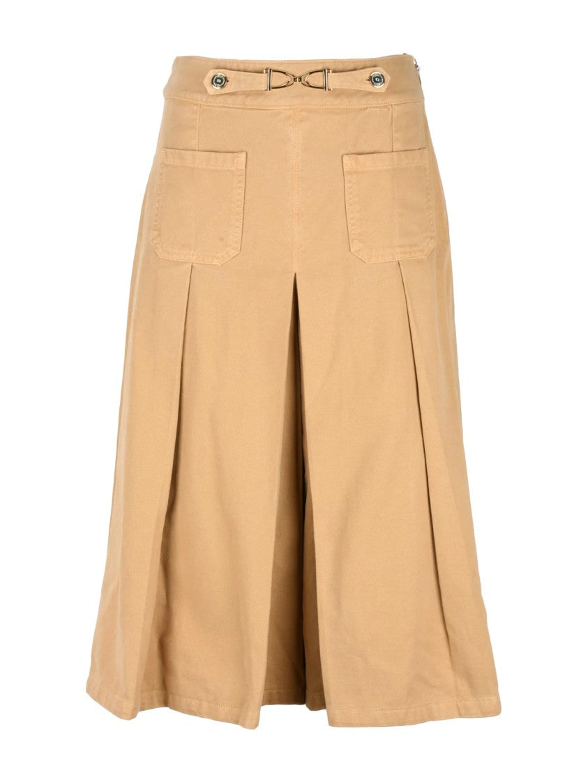 Elisabetta Franchi Beige High-Waisted Pleated Cotton Trouser Skirt