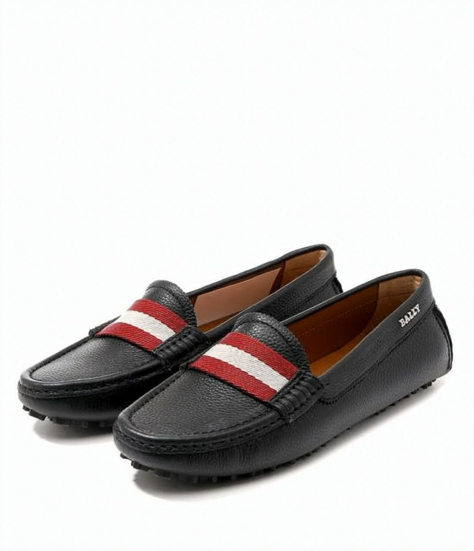 Bally Textured Black Leather Loafers With Striped Fabric Band