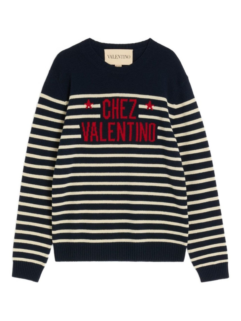 Valentino Garavani Navy Blue Stripe Pattern Crew Neck Valentino Sweater
