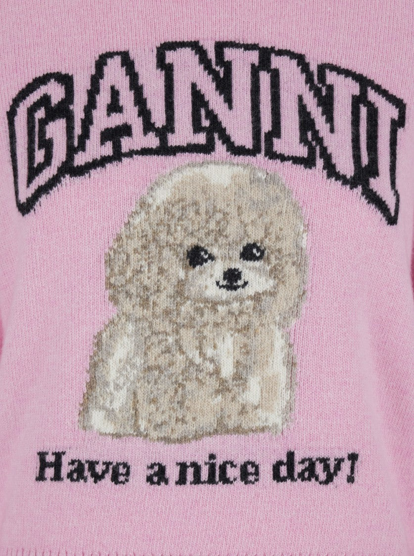 Ganni Pink Sweater With Round Neck