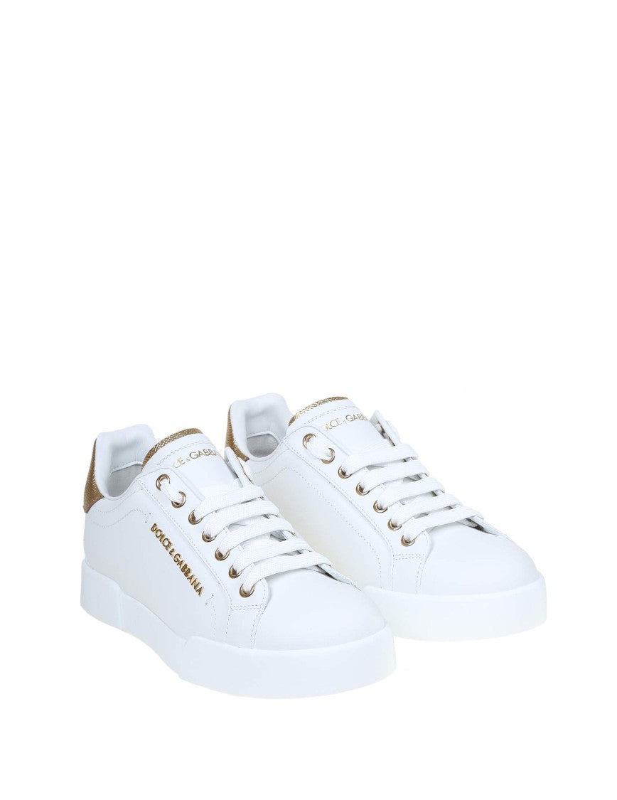 Dolce & Gabbana Portofino Sneakers In White Leather With Logo Pearl