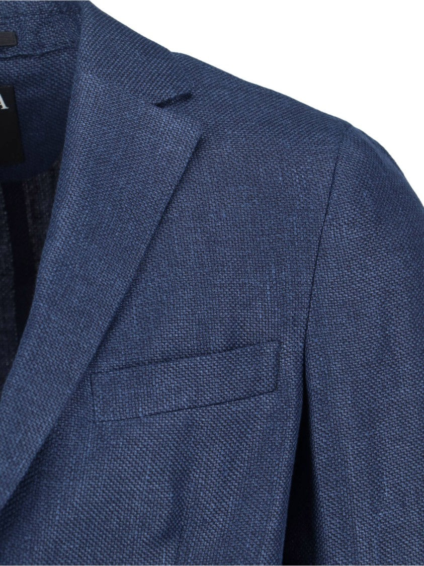 Zegna Blue Textured Wool-Linen Single-Breasted Blazer