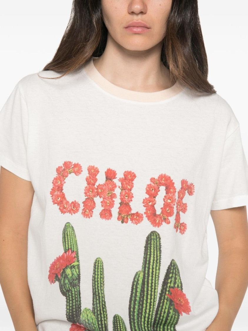 Chloé White Cotton T-Shirt With Cactus Graphic And Floral Branding