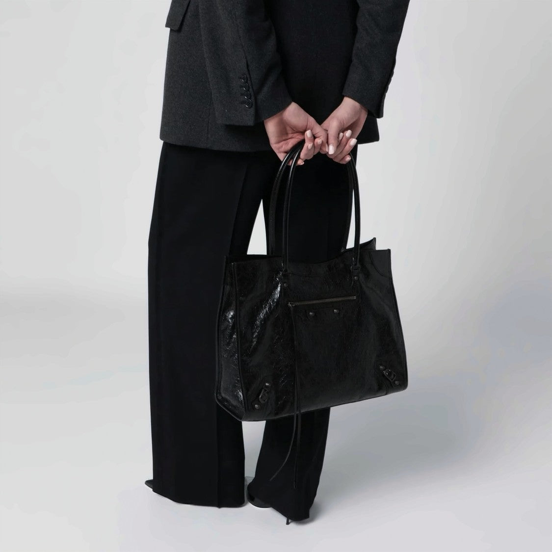 Balenciaga Medium Black Lamb Leather Tote Bag With Glossy Finish