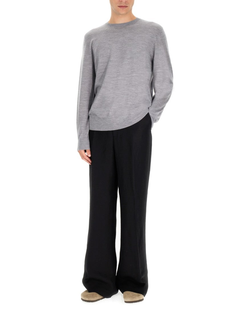 Theory Long-Sleeved Grey Wool Top With Classic Crew Neckline