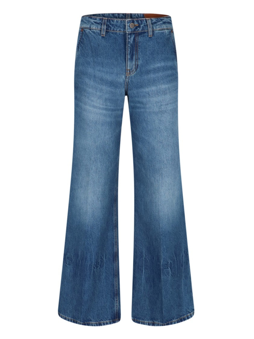 Victoria Beckham Wide-Leg Distressed Denim Jeans With Logo Patch