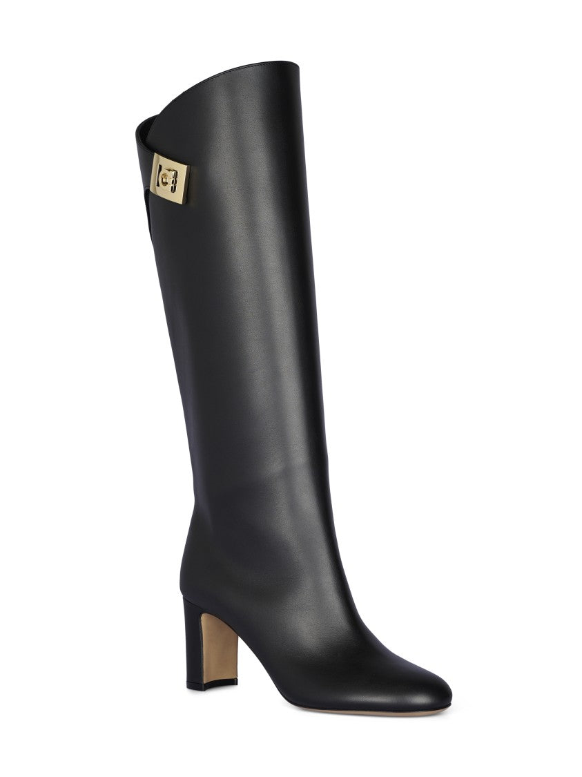 Ferragamo Mid-Calf Leather Boots With Pointed Toe And Gold-Tone Buckle