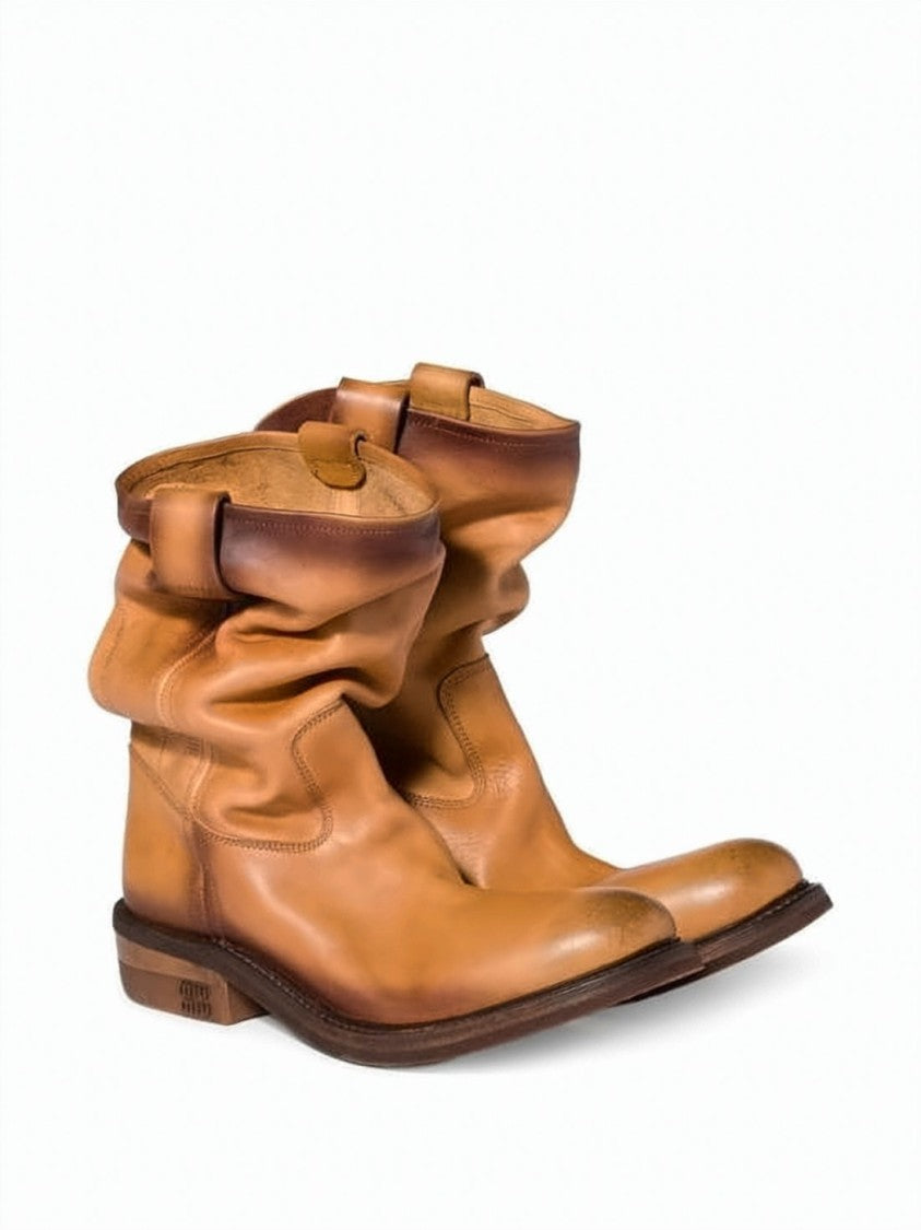 Miu Miu Slouchy Mid-Calf Leather Boots With Rubber Sole
