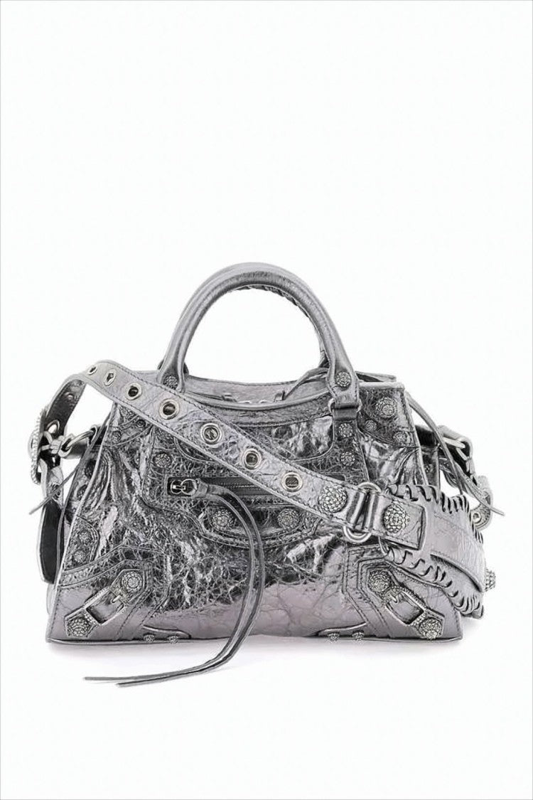 Balenciaga Crinkled Lambskin Silver Tote Bag With Eyelet Accents
