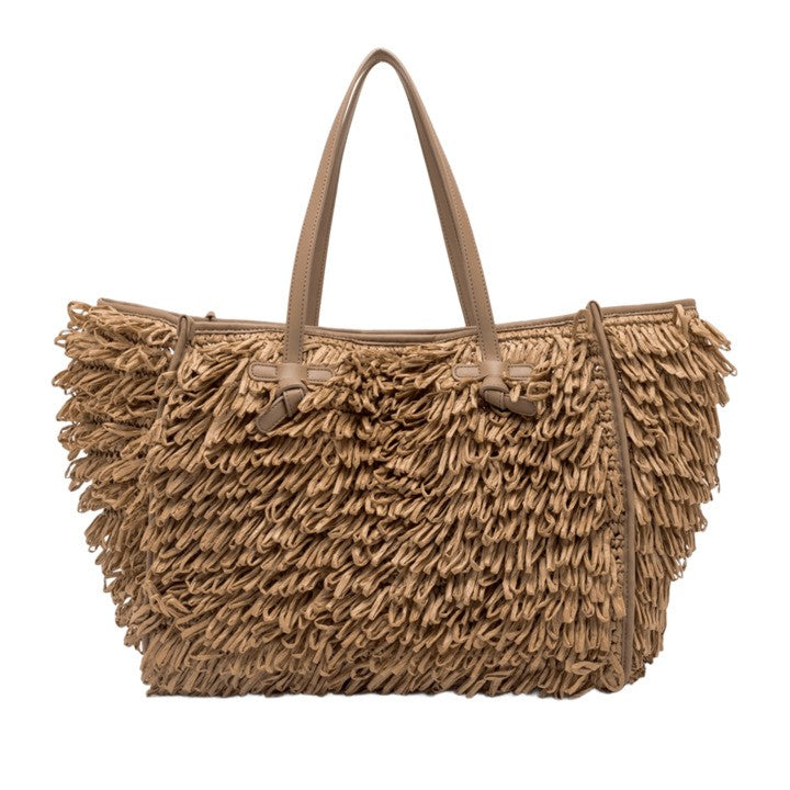 Marcella Handwoven Raffia Curl Handbag With Leather Handles