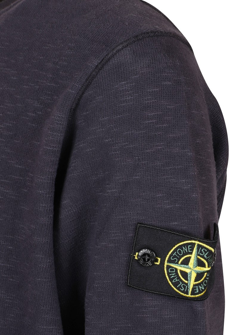 Stone Island Crew Neck Blue Sweater With Textured Fabric And Logo Patch