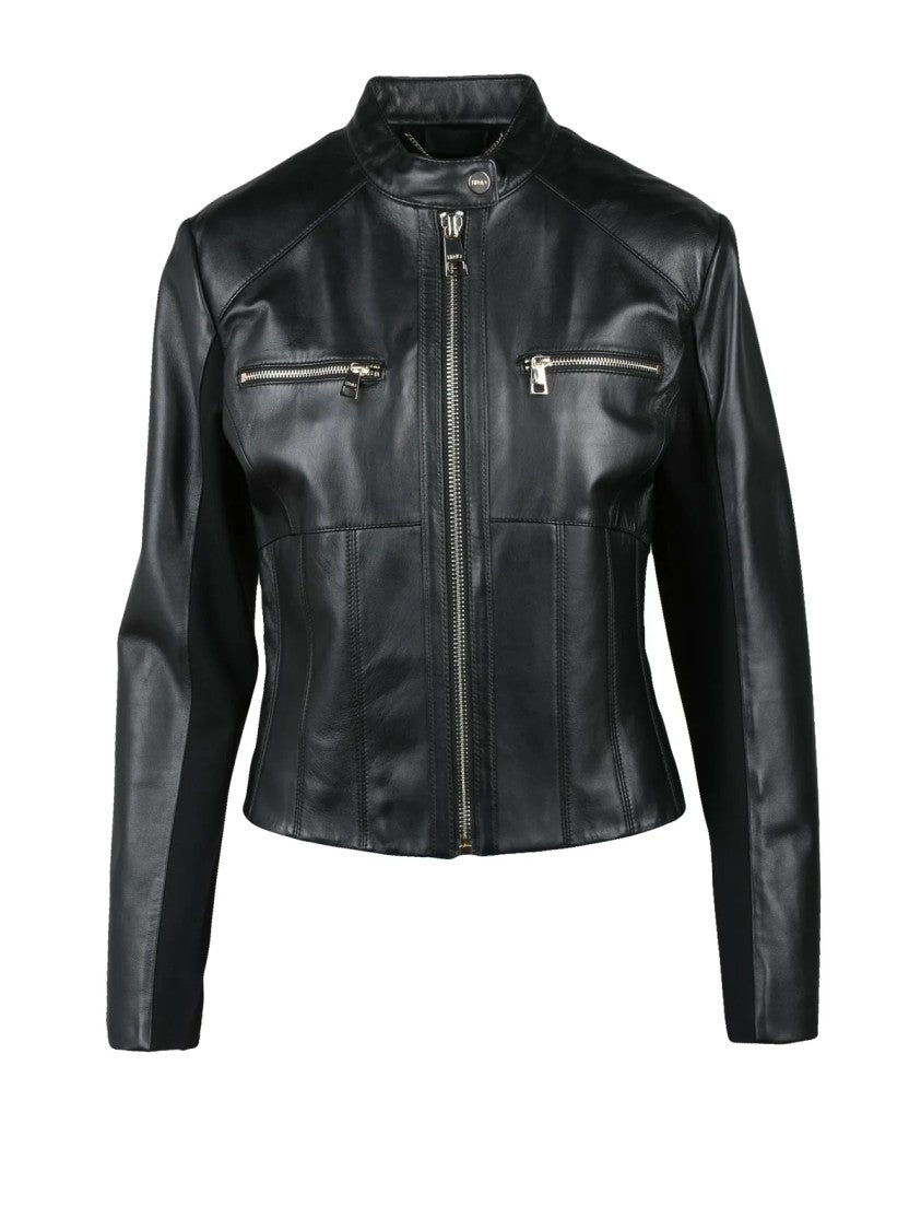 Liu Jo Black Cropped Zip-Detail Leather Leather Jacket