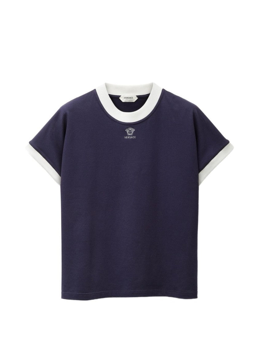 Versace Black Boxy-Fit Ribbed Trims Logo T-Shirt