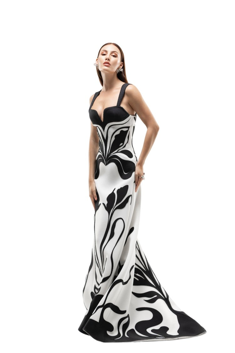 Saiid Kobeisy Laser Cut Floral Scuba Evening Dress