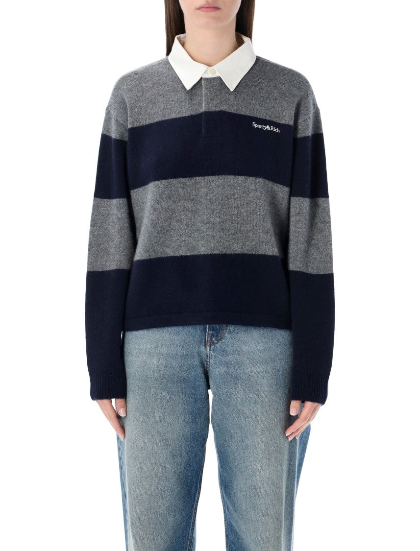 Sporty And Rich Heather Gray And Navy Cashmere Rugby Polo