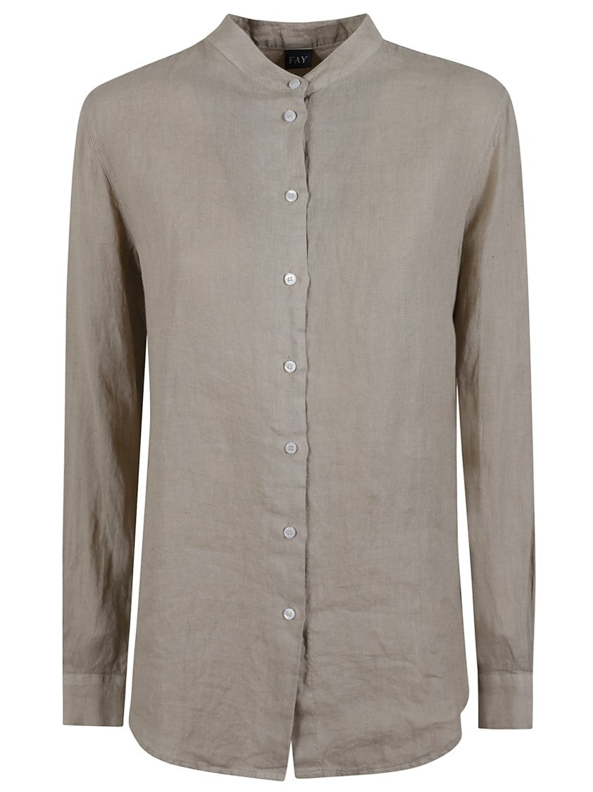 Fay Classic Button-Down Linen Shirt With Mandarin Collar