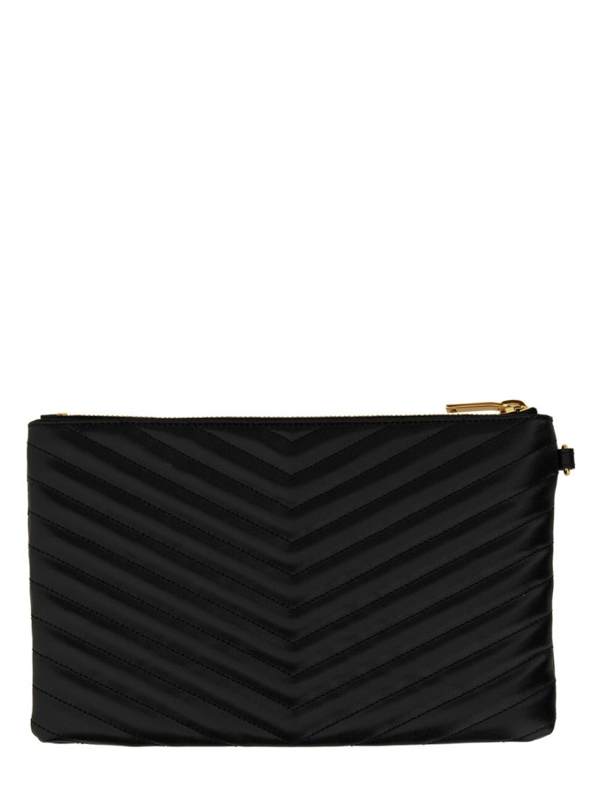 Saint Laurent Chevron Quilted Calf Leather Clutch With Gold Emblem