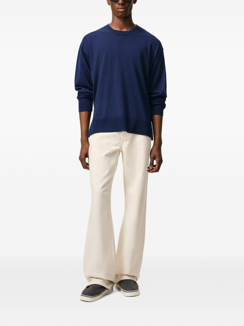 Ami Paris Ink Blue Ribbed Knit Logo Sweater