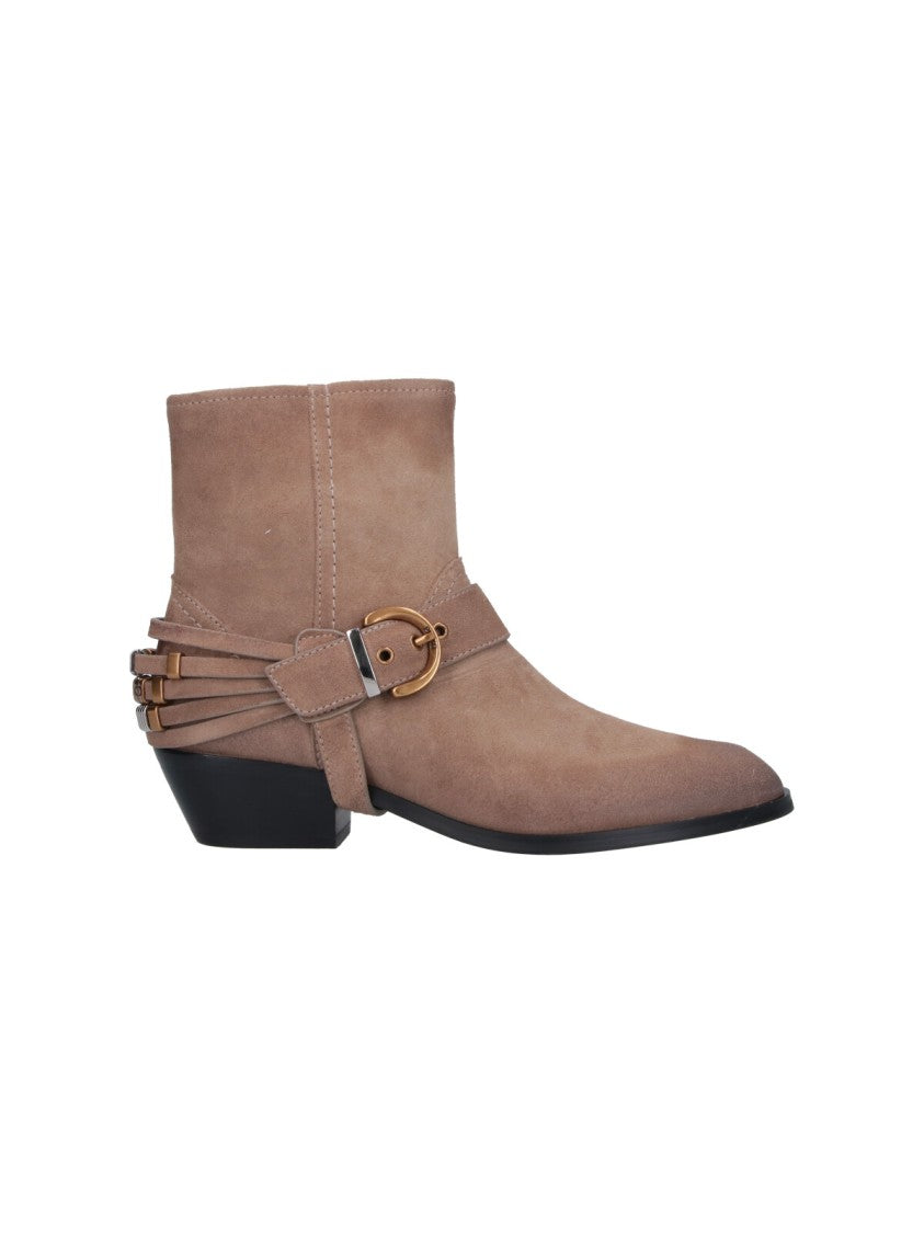 Pinko Beige Buckle Suede Boots