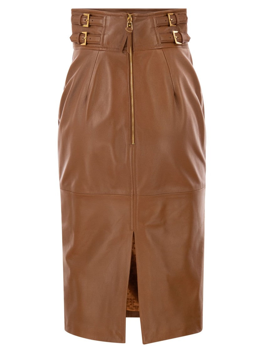 Elisabetta Franchi Midi Leather Skirt With Embossed Logo