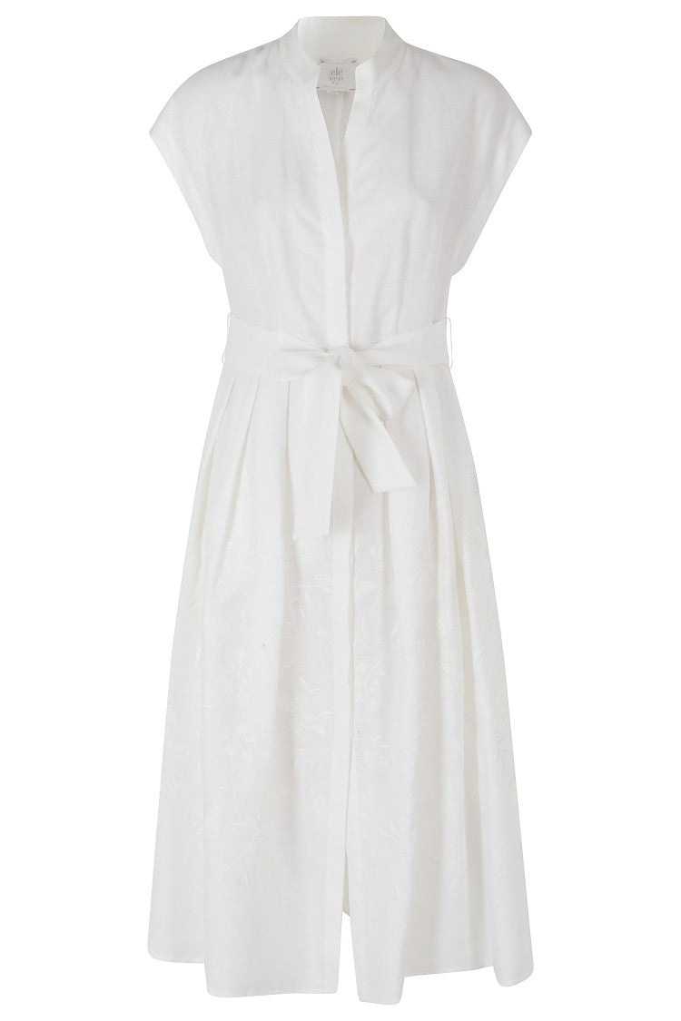 Eleventy White Belted Floral Embroidered Linen Midi Dress