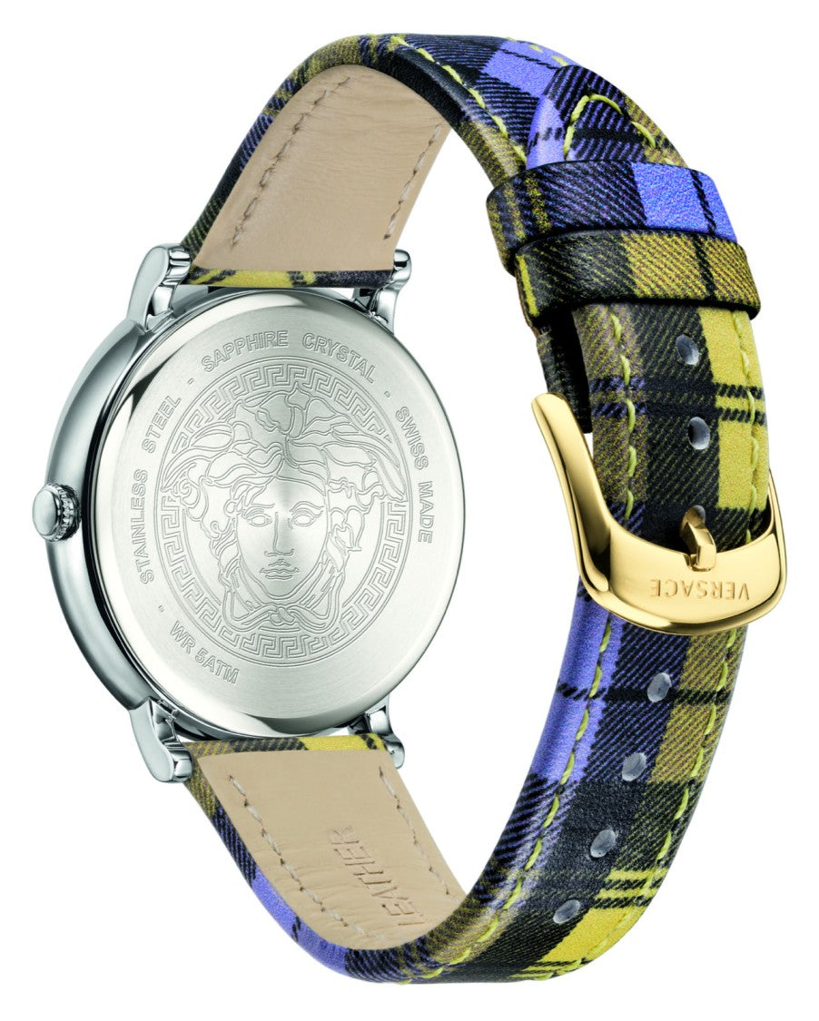 Versace Polished Stainless Steel Versace V-Circle Watch With Plaid Leather Strap