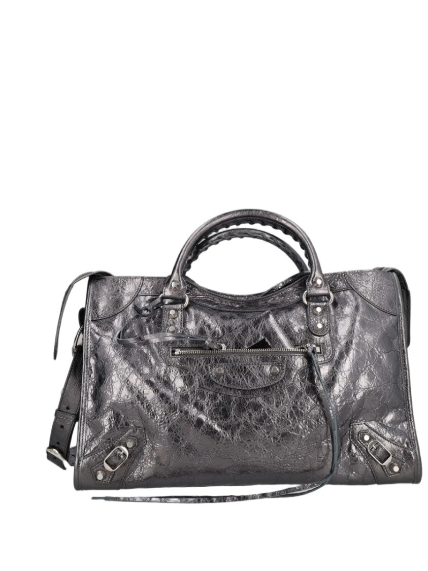 Balenciaga Grey Glossy Finish Silver Accent Leather Shoulder Bag