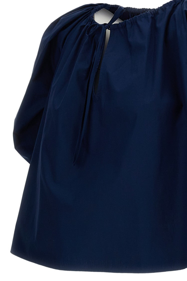 Polo Ralph Lauren Teal Blue Cotton Poplin Blouse With Drawstring Neckline And Voluminous Sleeves