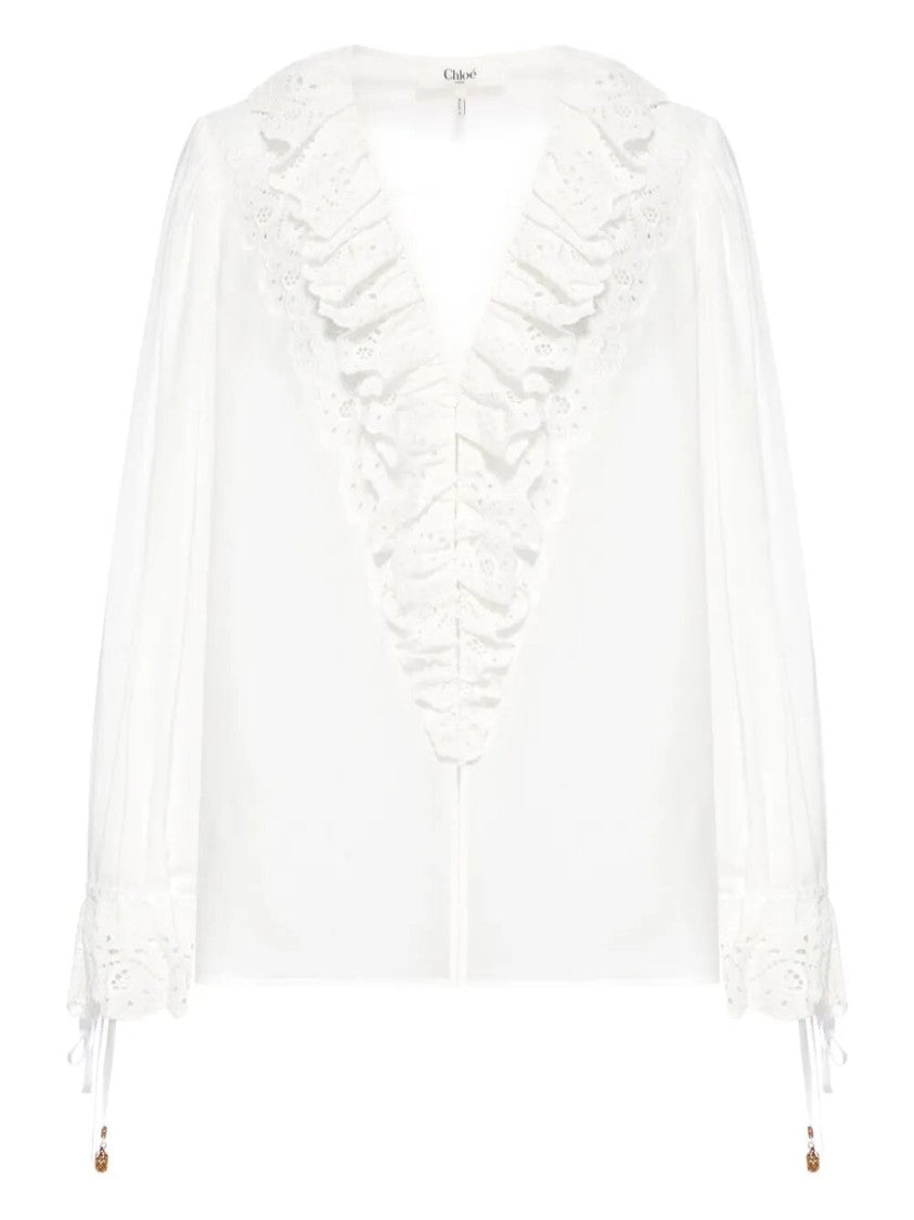 Chloé White Cotton Blouse With Ruffled Front