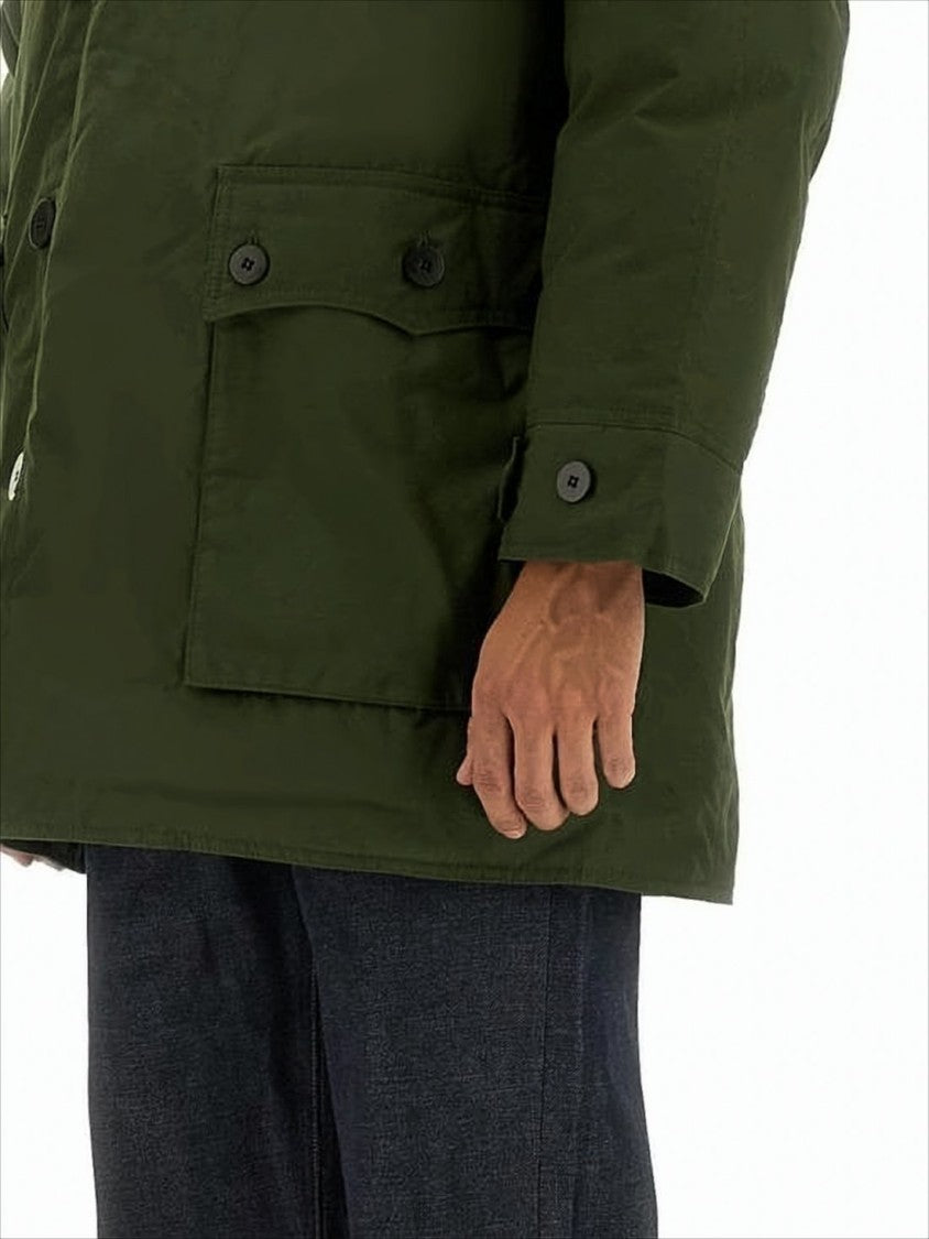 Nigel Cabourn Olive Green Cotton Jacket With Shearling Collar And Goose Down Insulation