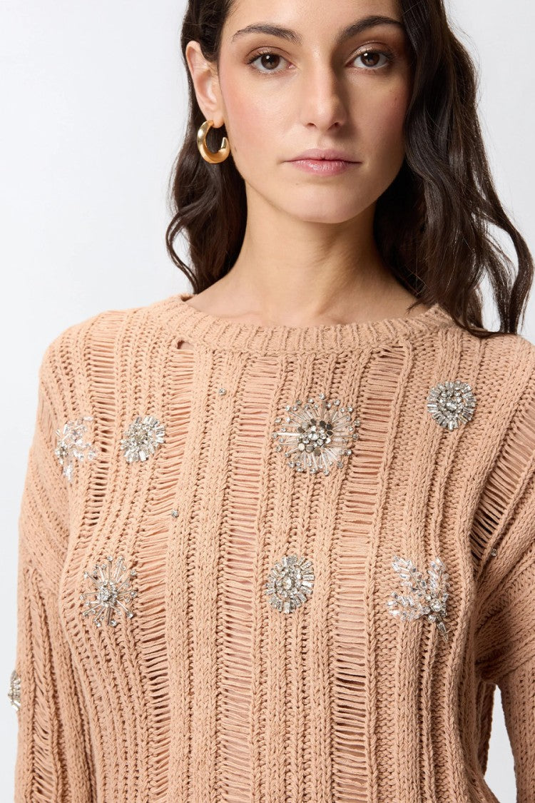 Pinko Pink Ladder-Stitch Sequin Flower Cotton-Blend Sweater