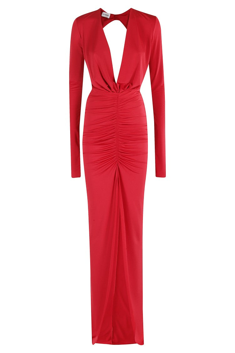 The Andamane Draped Long Red Maxi Dress With V-Neckline And Front Slit