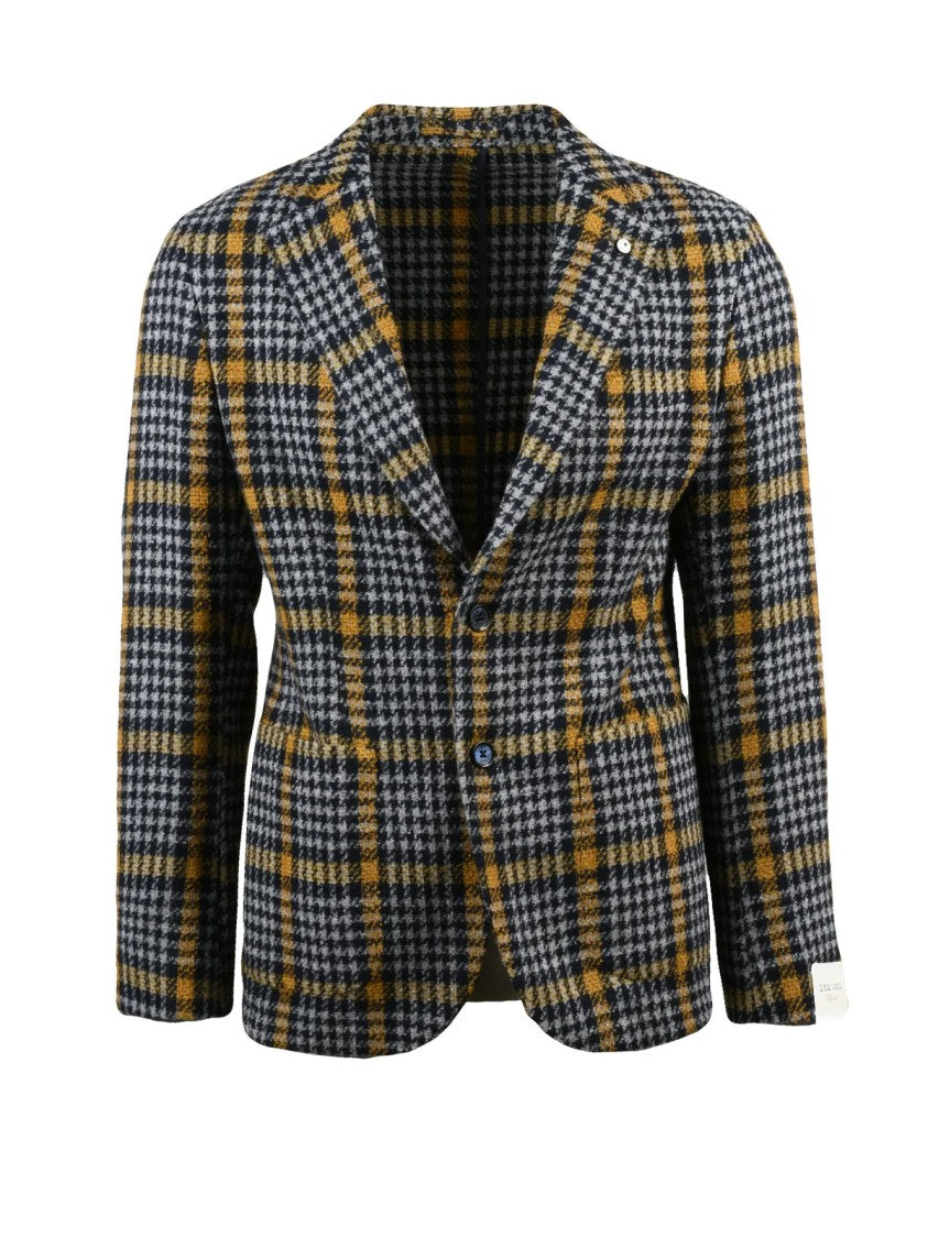 L.B.M. 1911 Tailored Checkered Jacket With Rounded Design In Grey And Yellow