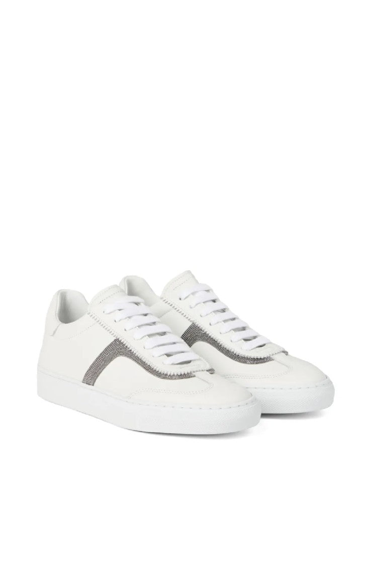 Brunello Cucinelli Sleek White Leather Sneakers With Textured Stripe
